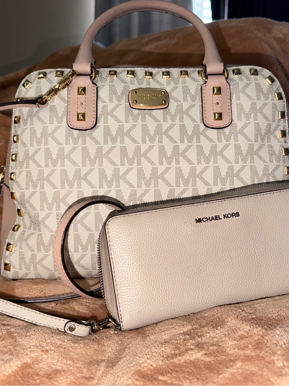 Michael Kors Cream and Pink Logo Satchel with Zip Wallet